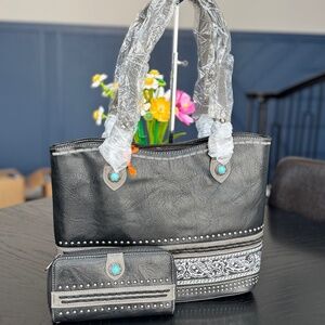 Montana West Black Tote with Turquoise Accent and Matching Wallet